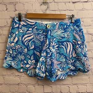 Lilly Pulitzer Buttercup Knit Shorts Sound The Sirens Print Blue Women's Size 4